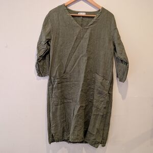 Olive Linen Long Sleeve Dress Made In Italy Lagenlook M